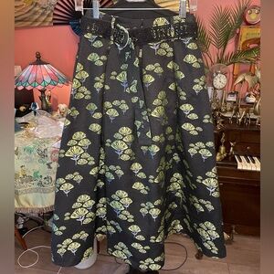 Emily Lovelock Zelda A-Line Midi Skirt in black with green floral print XS $225